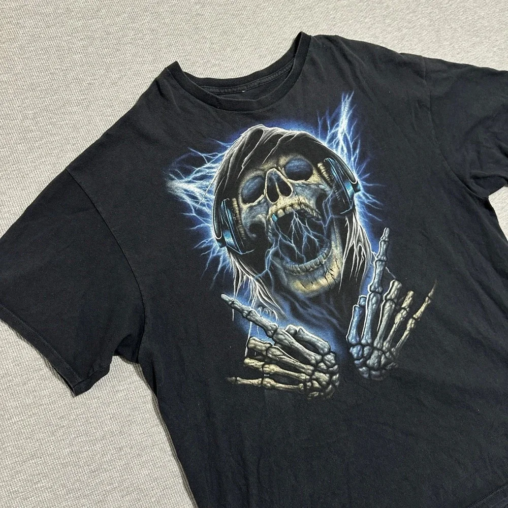 Y2K Skull‎ Headphones Lightning Bolt Graphic Tee Black Grim Reaper Rock XL